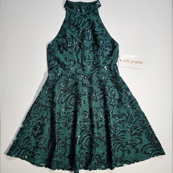 PromGirl Green Sequin Halter A-Line Mini Dress Size Medium NWT - Picture 2 of 16
